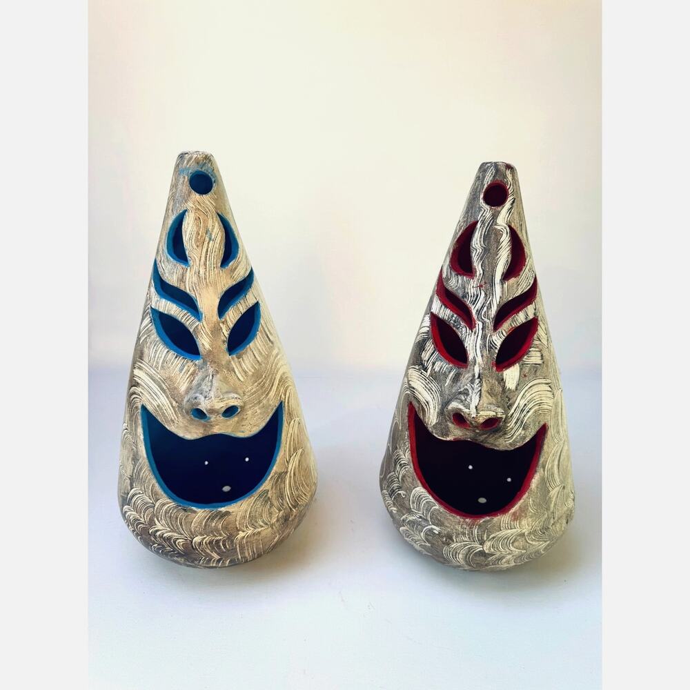 Pair of Sculptural Ceramic Lanterns in Red and Blue | Cut-Out Forms | 16" Tall